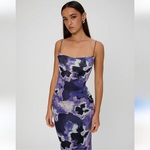 GLASSONS | Purple Floral Print Cowl Neck Mesh Midi Dress Open Back - size M